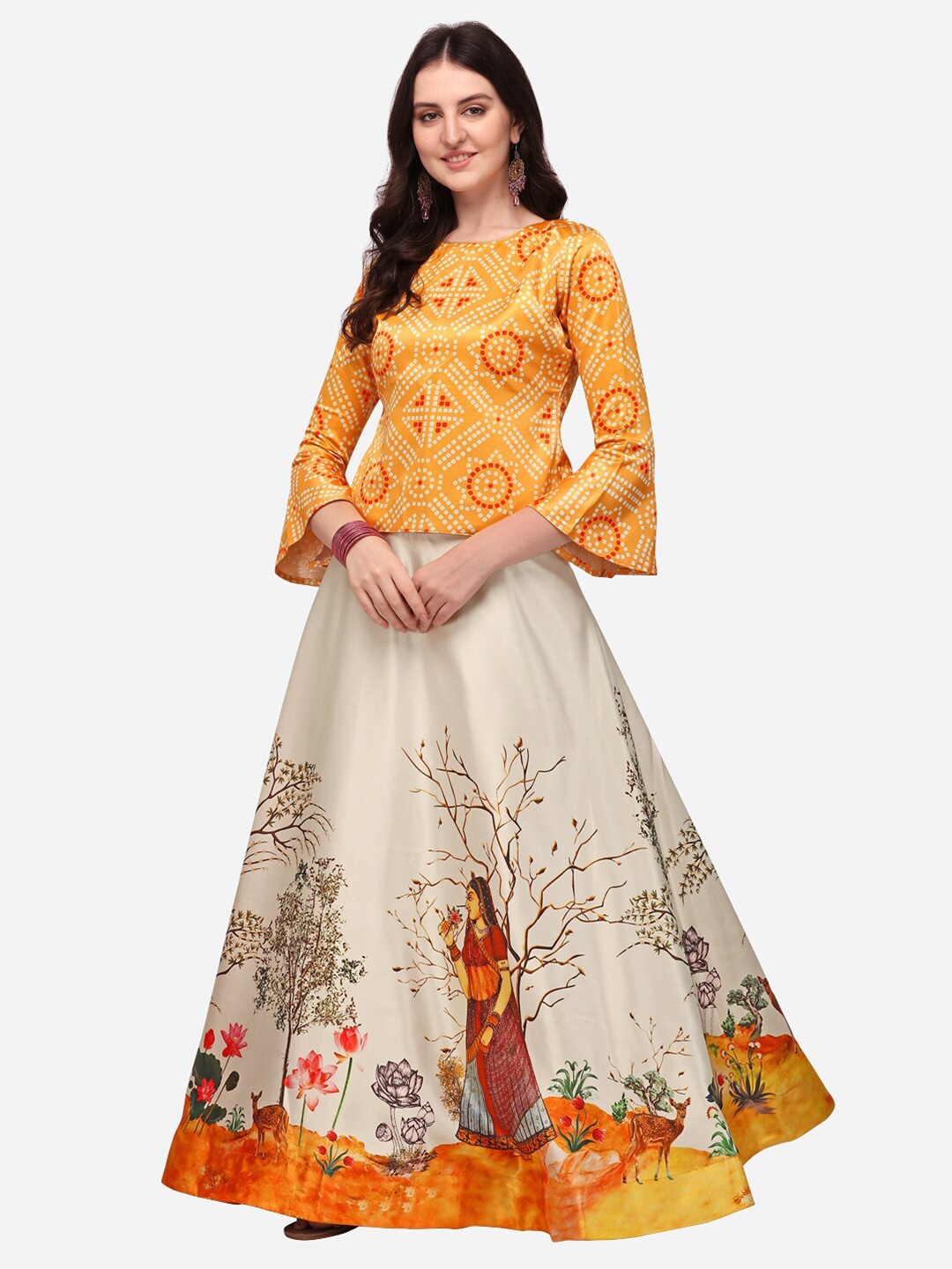 

Mitera Yellow & Beige Bandhani Printed Semi-Stitched Lehenga & Unstitched Blouse