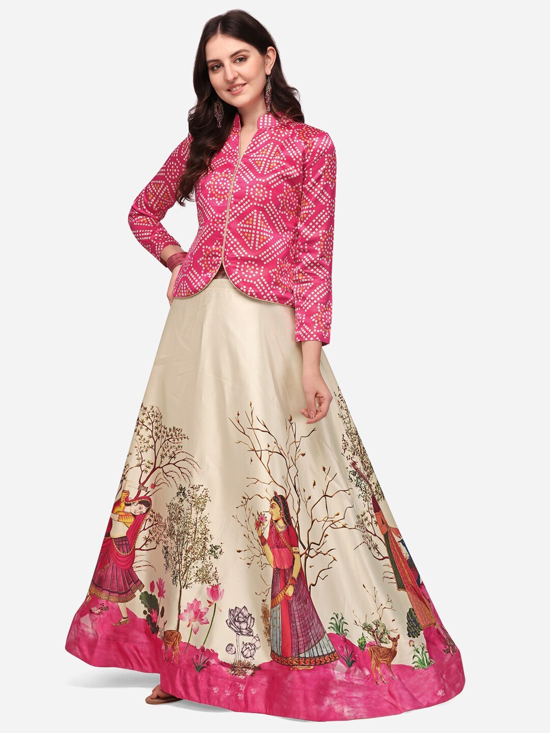 

Mitera Pink & Beige Printed Semi-Stitched Lehenga & Unstitched