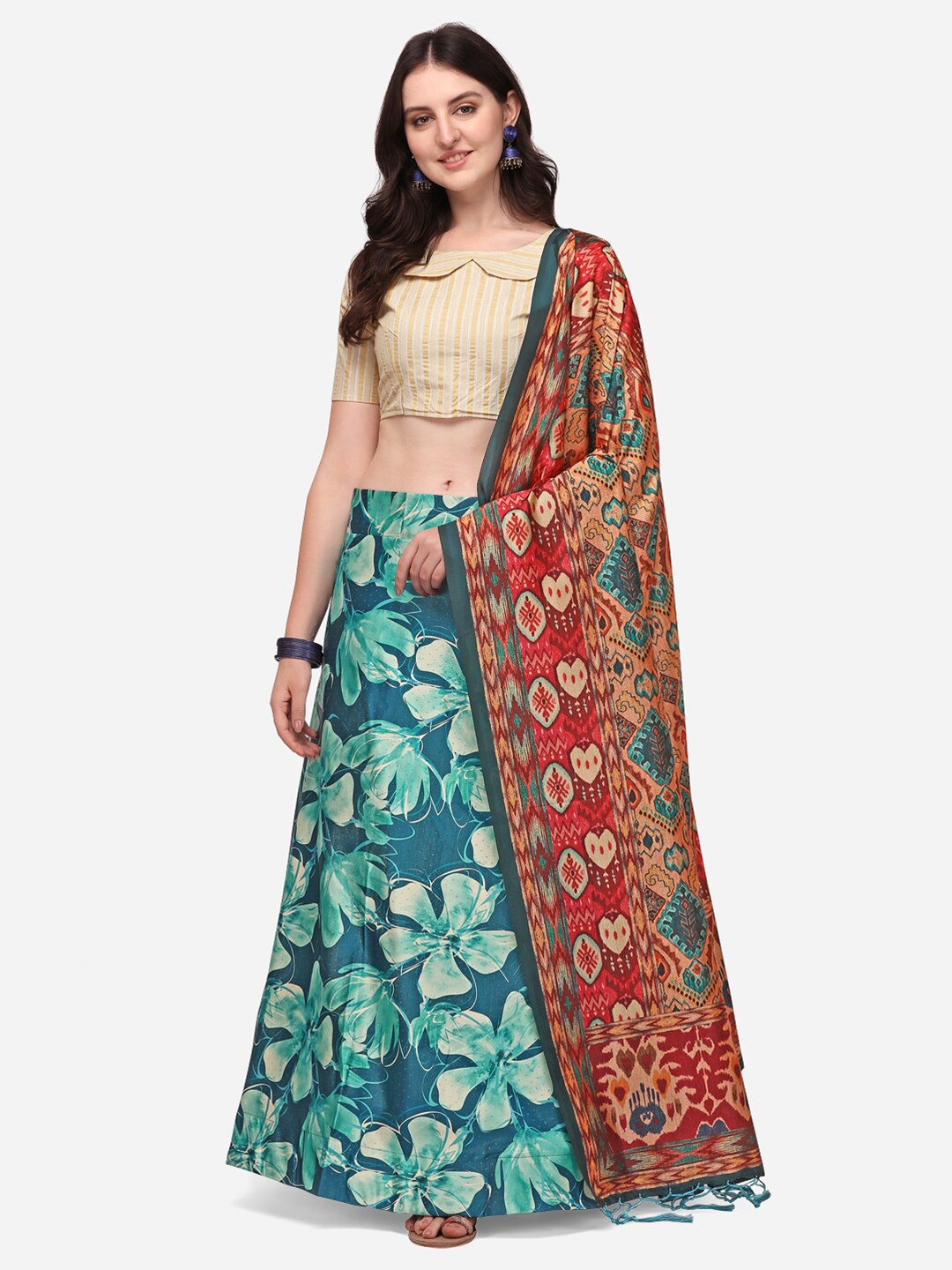 

Mitera Blue & Beige Printed Semi-Stitched Lehenga & Unstitched Blouse With Dupatta