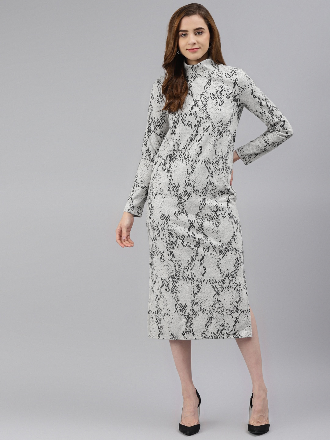 

Marks & Spencer Grey & White Geomtric Printed High Neck A-Line Dress