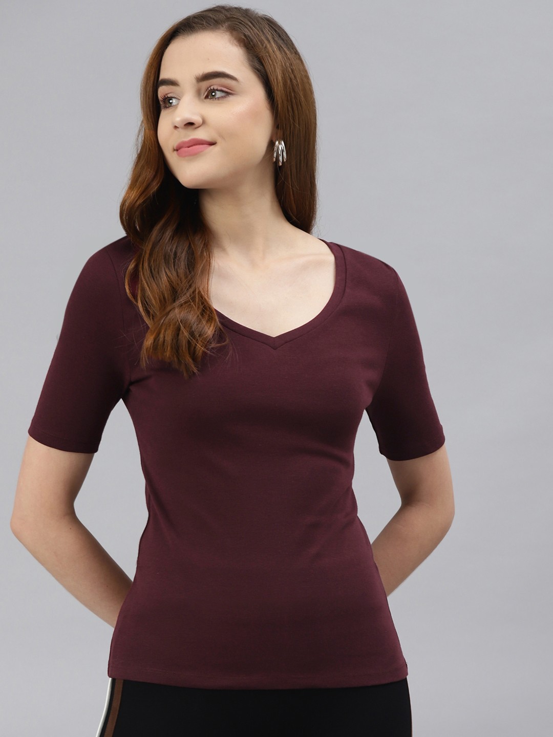 

Marks & Spencer Women Burgundy V-Neck T-shirt