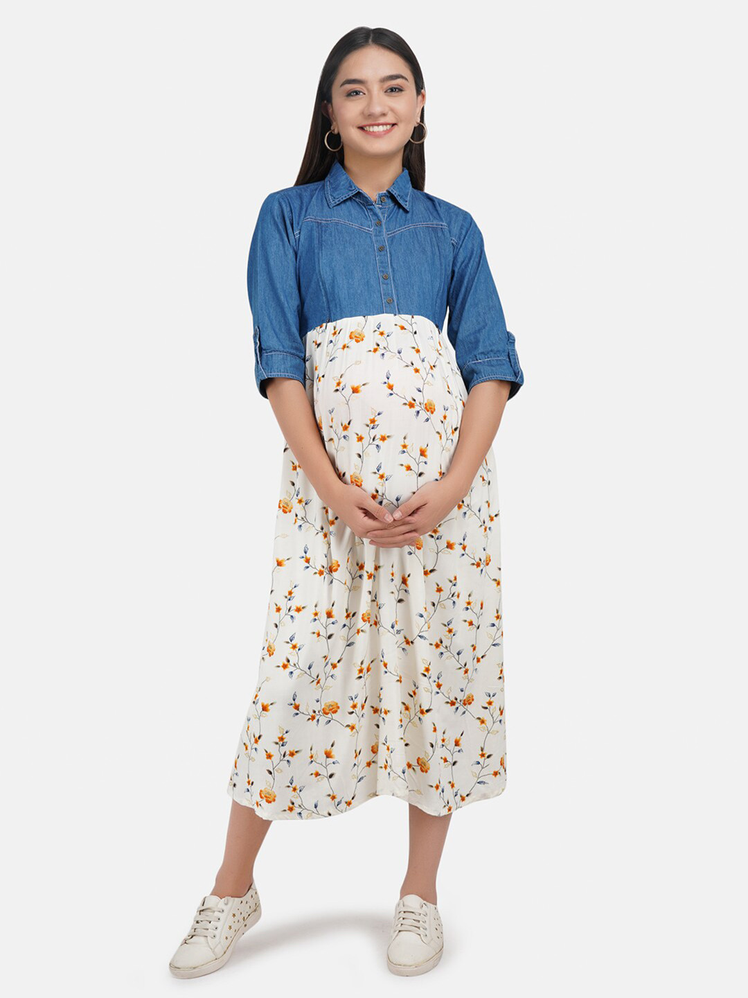 

KOI SLEEPWEAR Blue & White Floral Denim Maternity A-Line Midi Dress