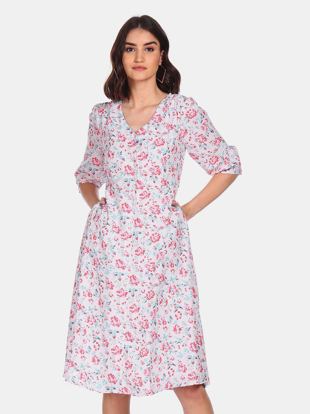 

Cherokee White & Pink Floral A-Line Dress