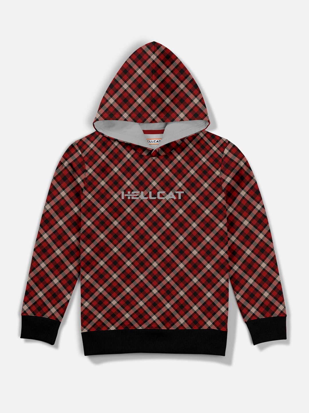 HELLCAT Boys Maroon Checked Hooded Sweatshirt