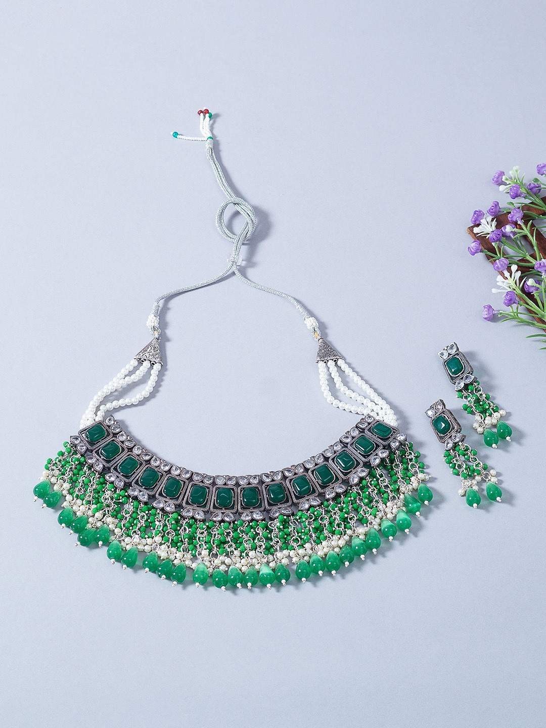 

Golden Peacock Silver-Toned Green Kundan-Studded Handcrafted Choker Jewellery Set