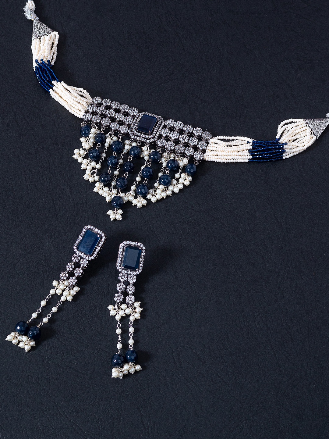 

Golden Peacock Navy Blue Pearl Beaded Handcrafted Tasseled Choker Jewellery Set
