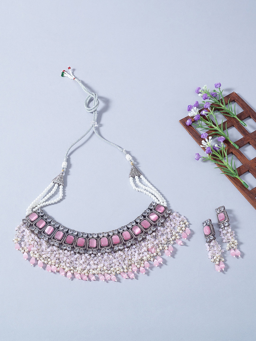 

Golden Peacock Silver-Toned Pink Kundan-Studded Handcrafted Choker Jewellery Set