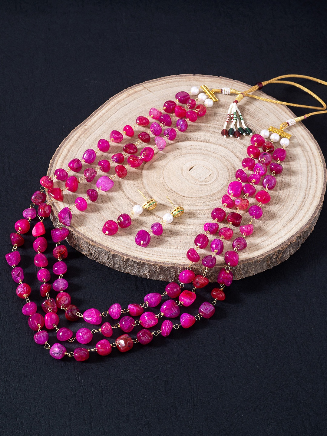 

Golden Peacock Pink Beaded handcrafted Layered Necklace