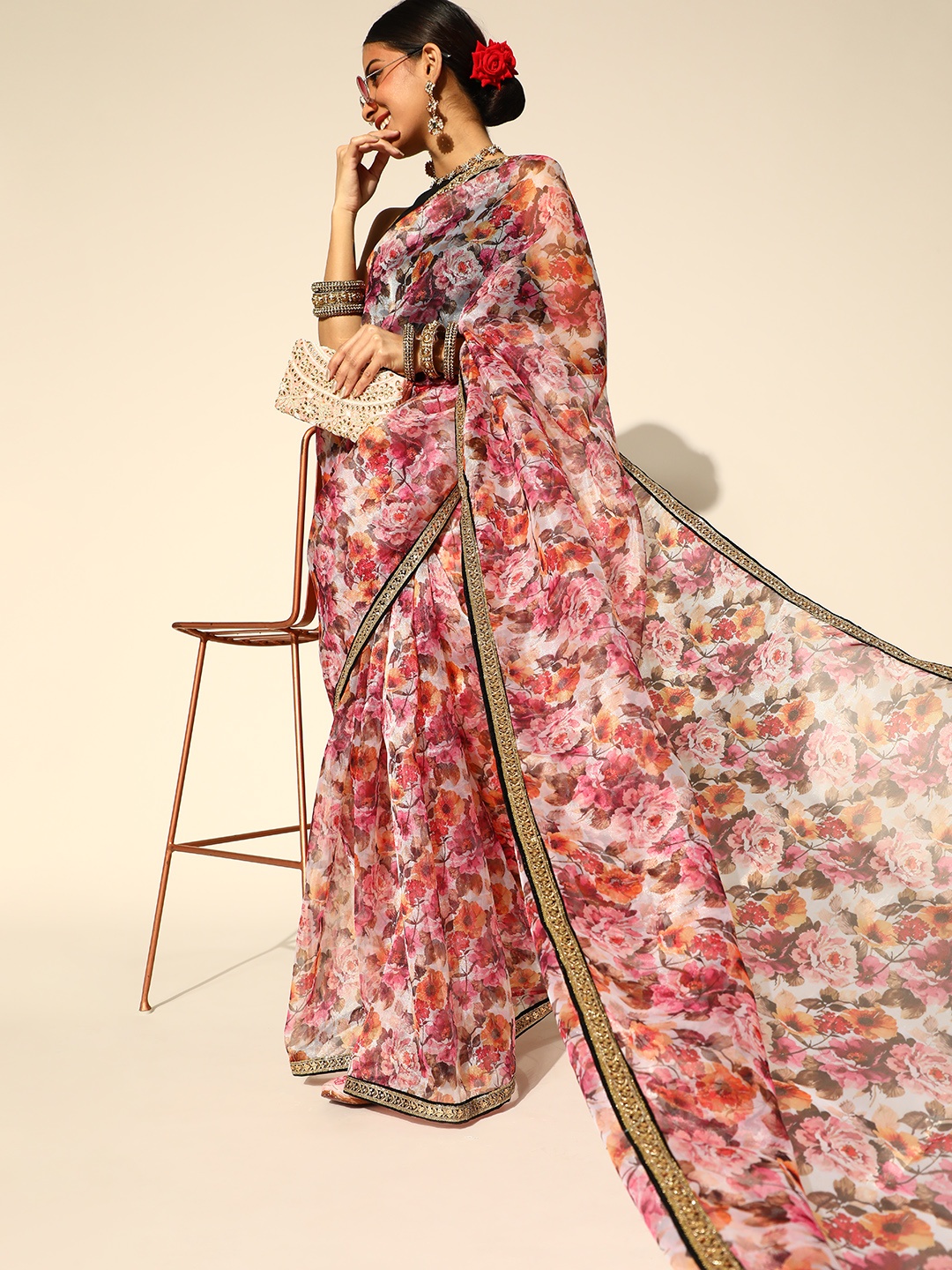 

Inddus Floral Organza Saree with Embellished Border, Pink