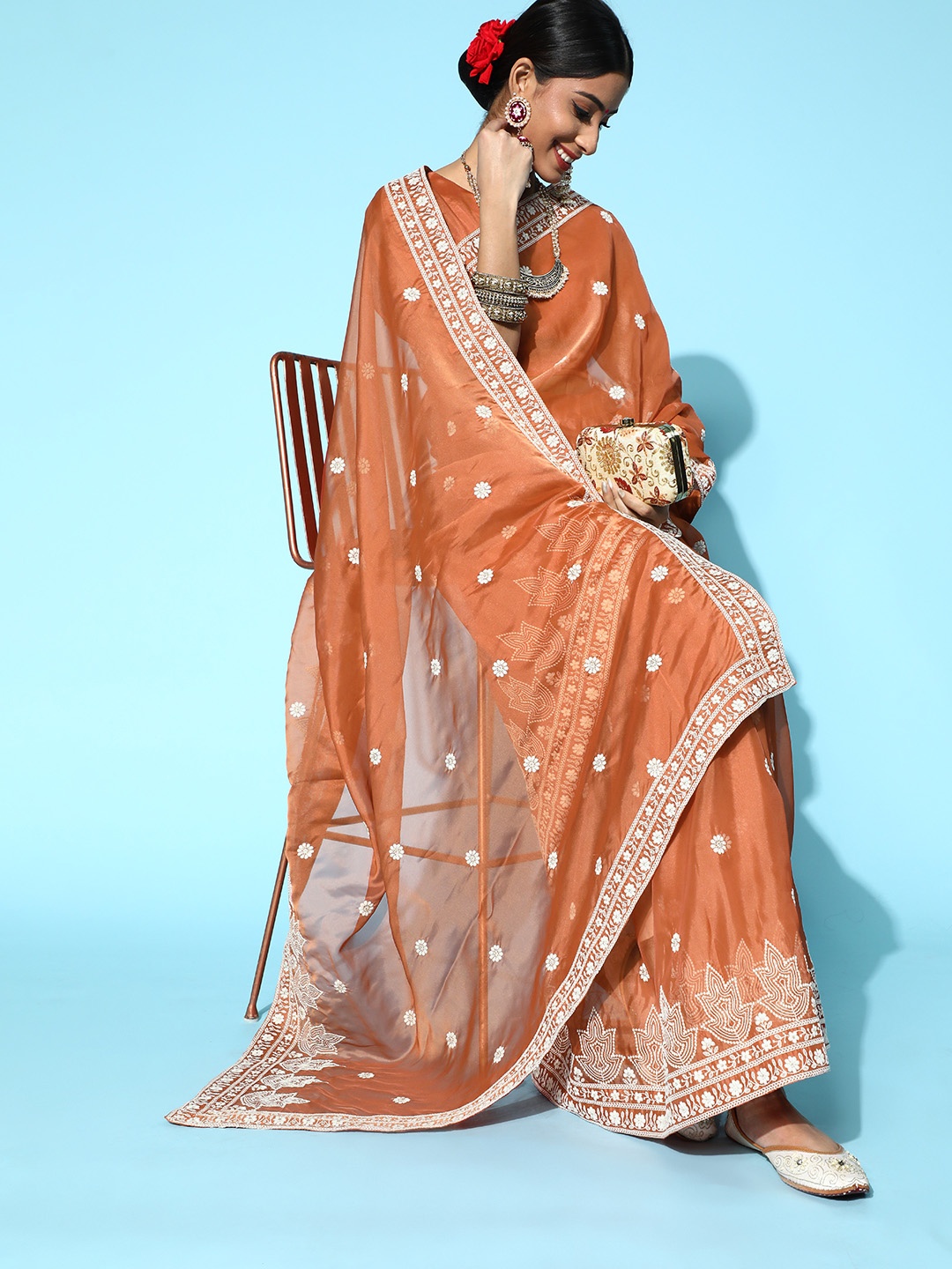 

Inddus Ethnic Motifs Organza Saree with Embroidered Border, Brown