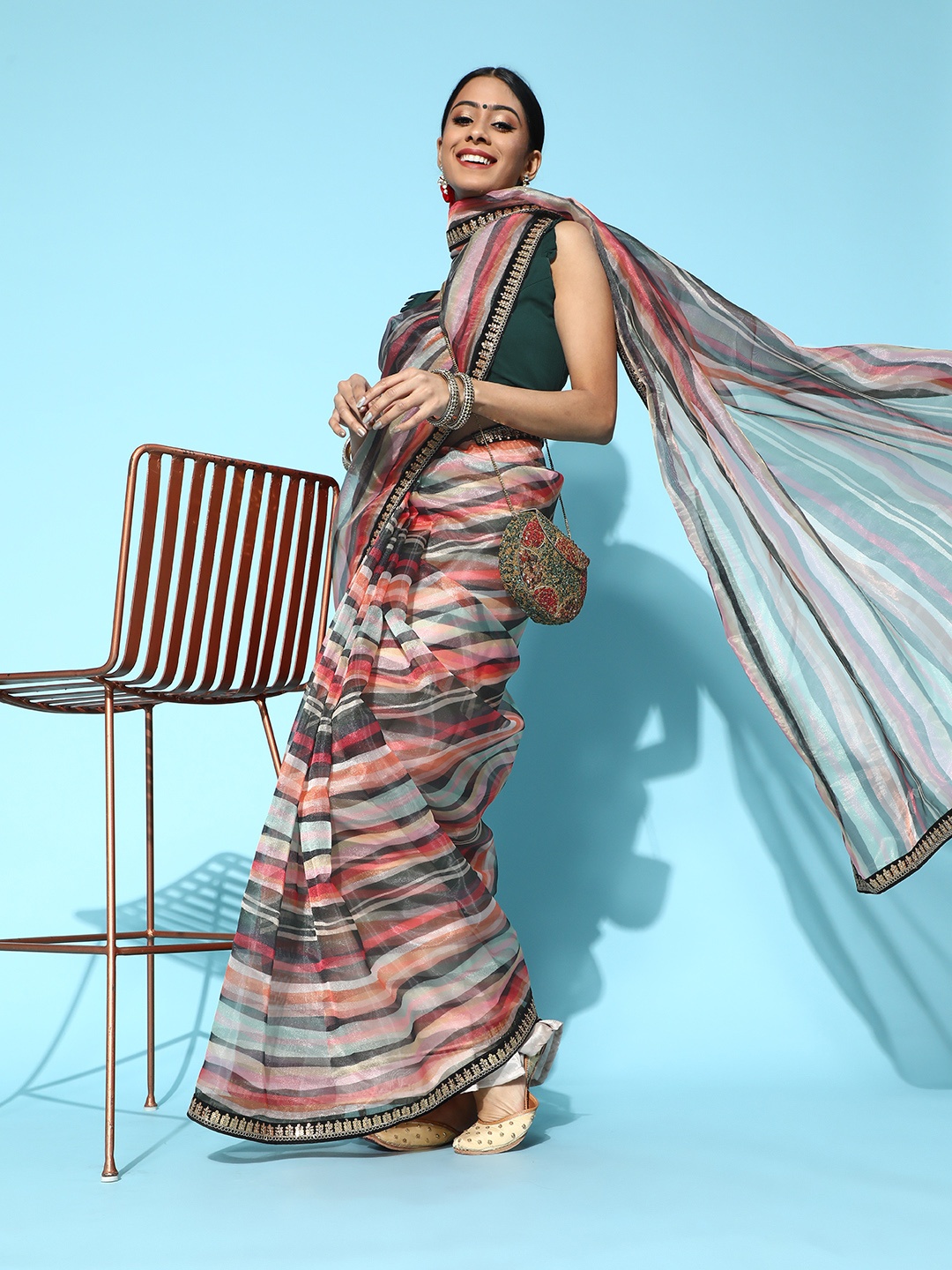 

Inddus Abstract Organza Saree with Embroidered Border, Multi