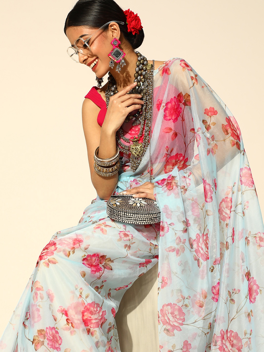 

Inddus Blue Organza Floral Print Saree With Embellished Border