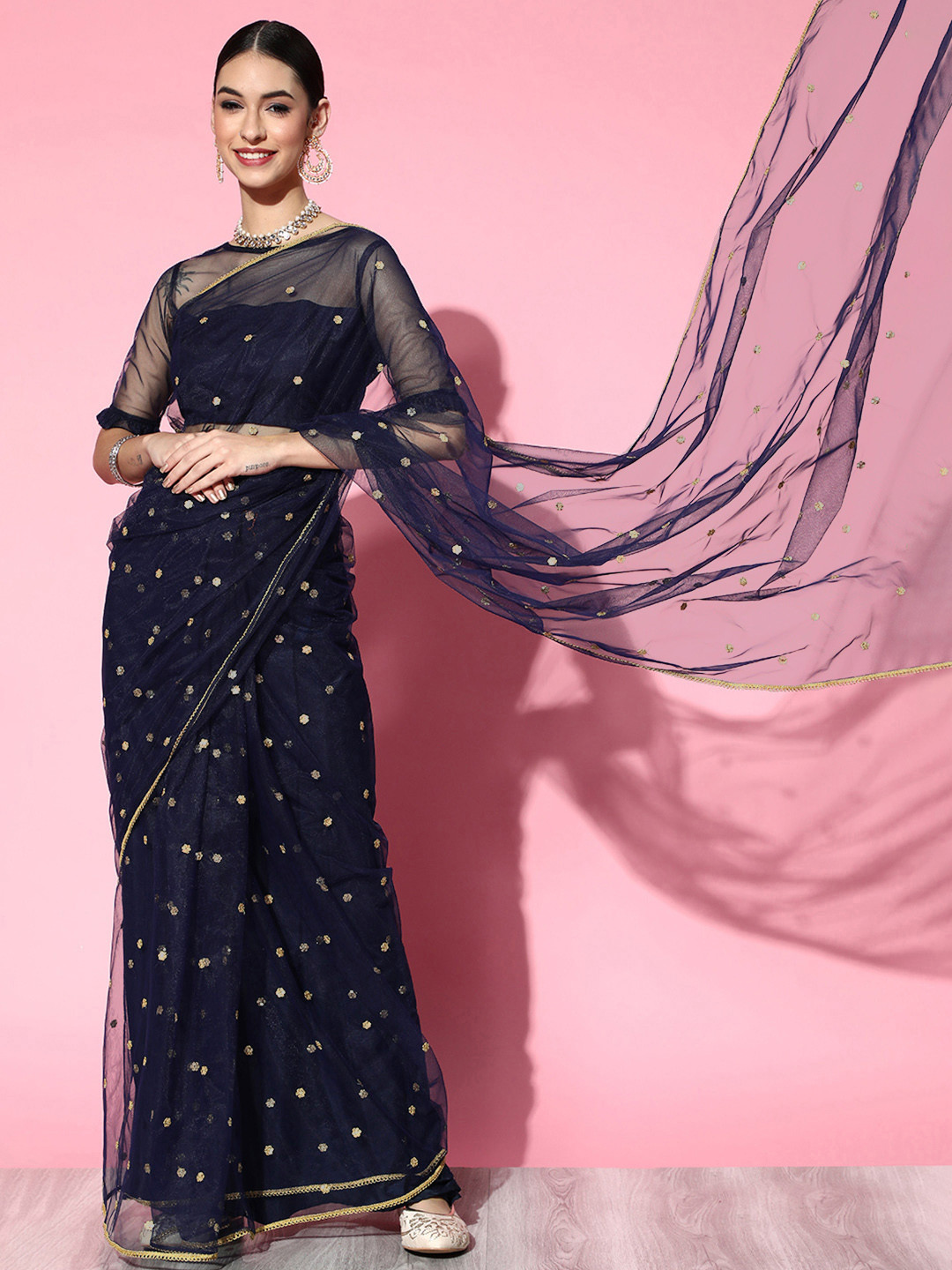 

Inddus Navvy blue net embroidered saree with blouse piece, Navy blue