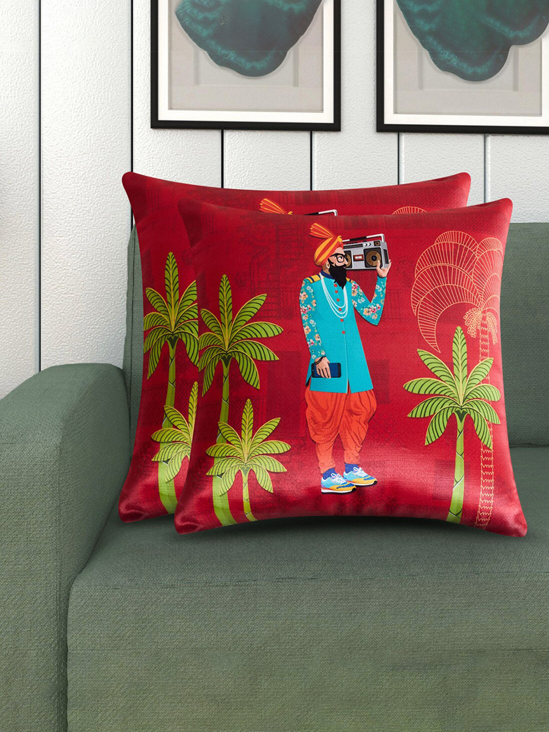 

Home Centre Set of 2 Red & Blue Square Cushion Covers