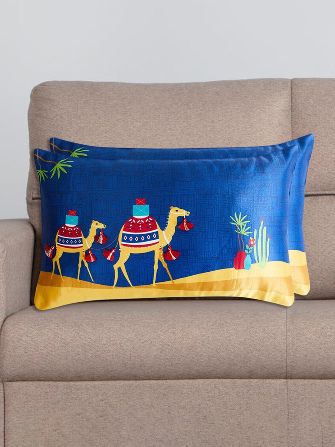 

Home Centre Set Of 2 Blue & Yellow Graphic Printed Rectangle Cushion cover