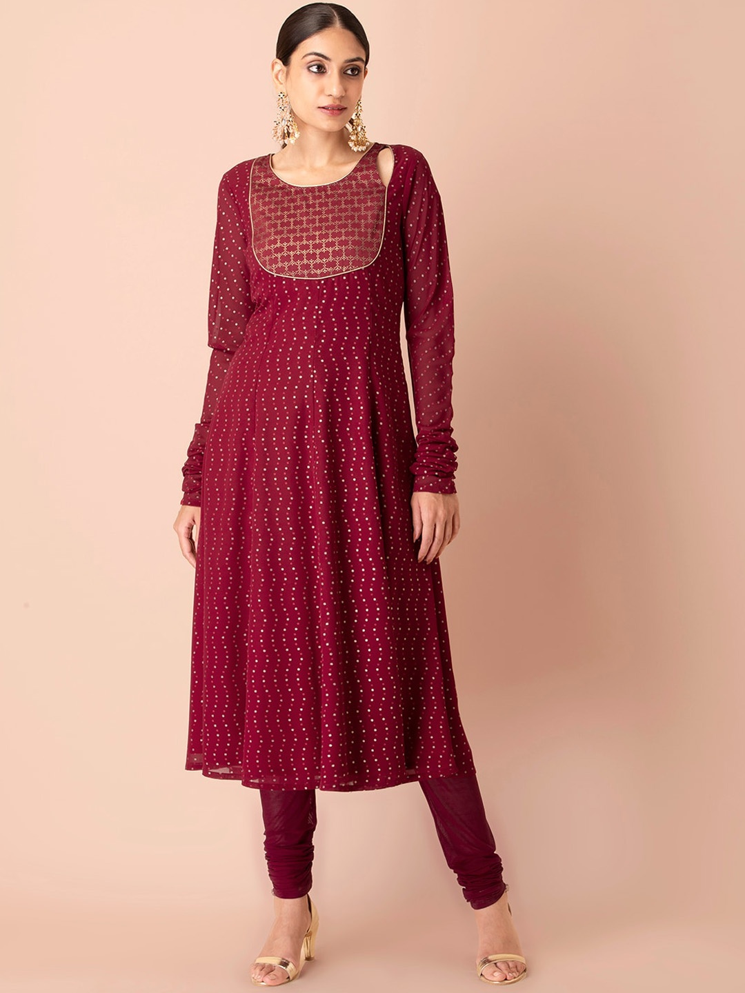 

INDYA Women Maroon Ethnic Motifs & Polka Dots Printed Anarkali Kurta