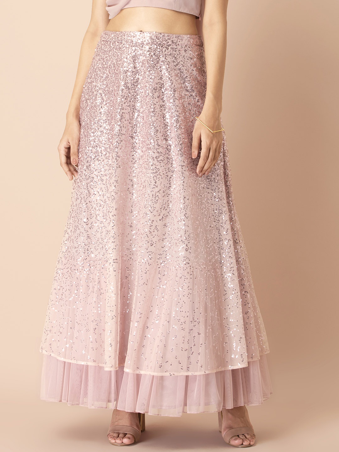 

INDYA Shraddha Kapoor Women Pink Blush Sequinned Embellished Flared Maxi Length Skirt