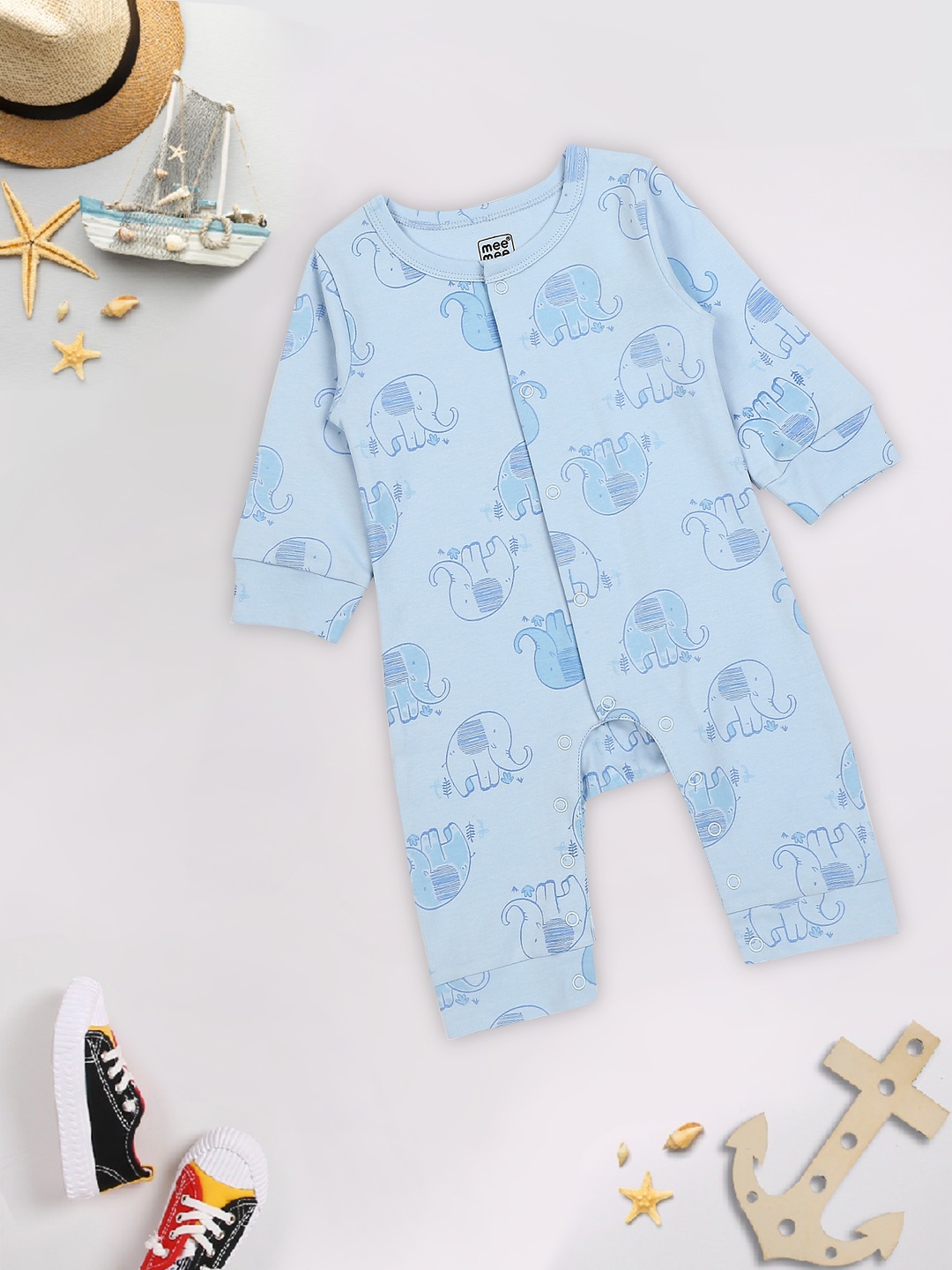 

MeeMee Boys Blue Elephant Printed Full Sleeves Romper