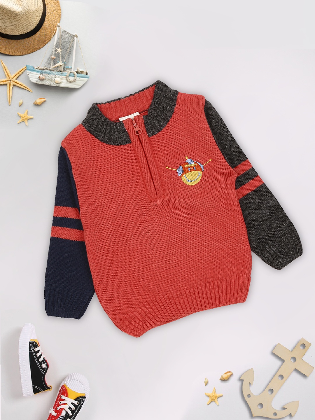 

MeeMee Boys Red & Black Colourblocked Cotton Pullover with Zip Detail