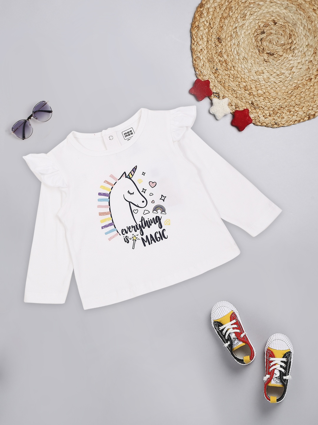 

MeeMee Girls White & Black Print Round Neck Top