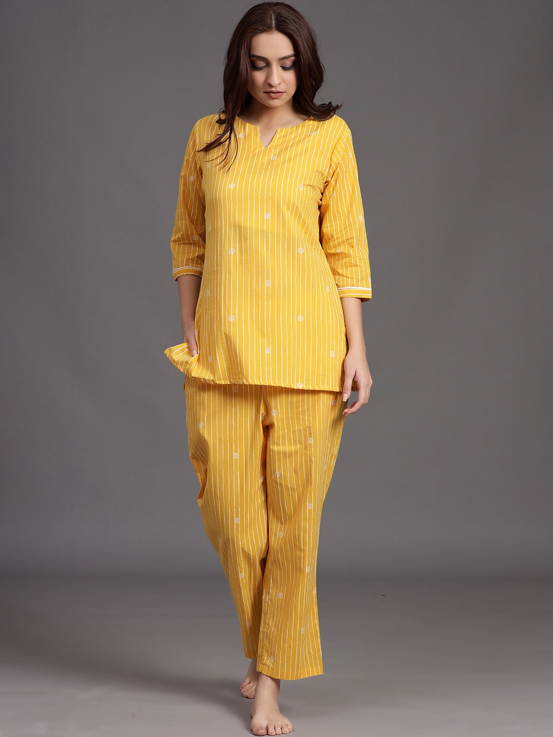 

JISORA Women Yellow & White Striped Pure Cotton Night suit