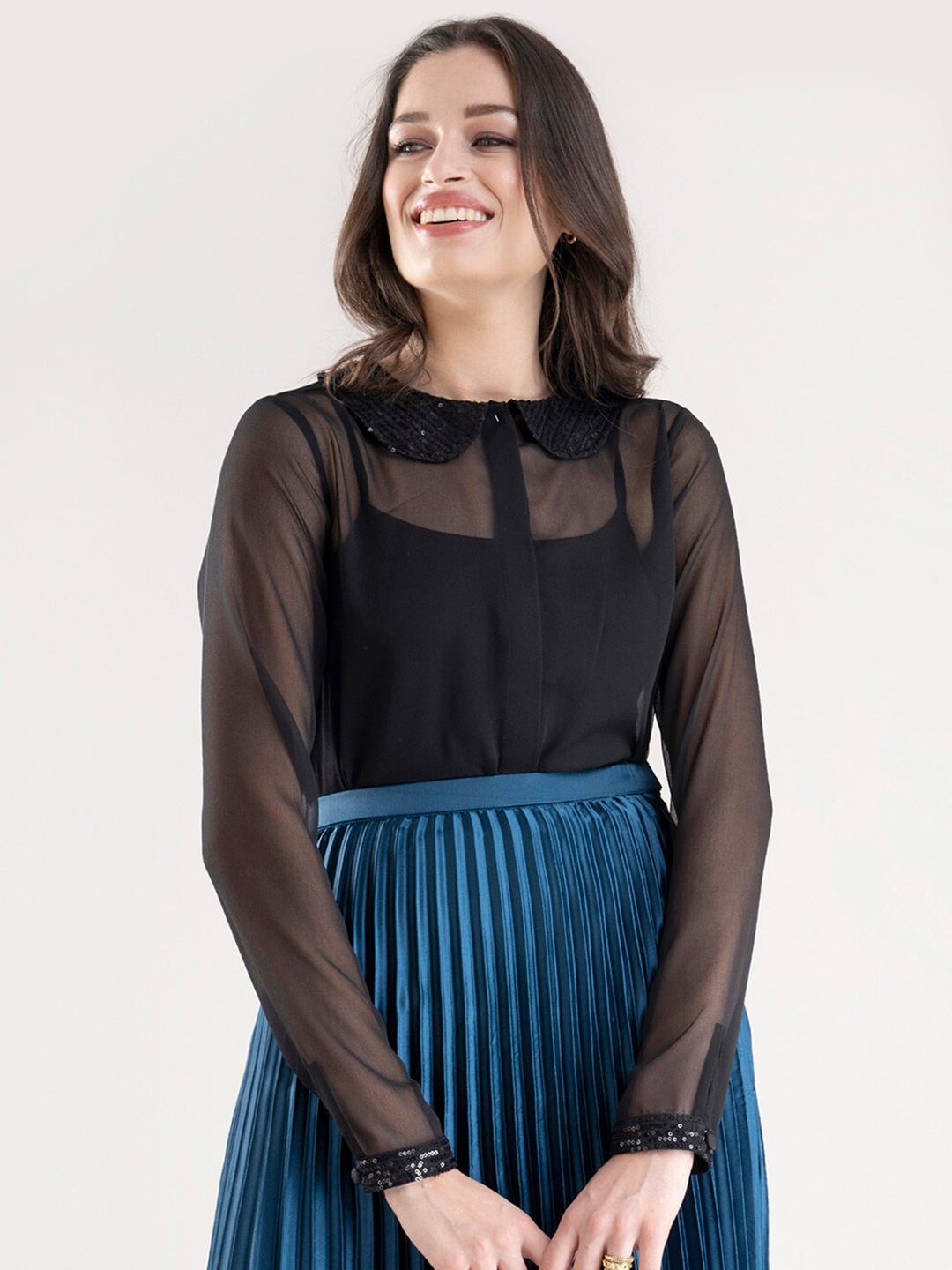 

FableStreet Women Black Slim Fit Semi Sheer Shirt