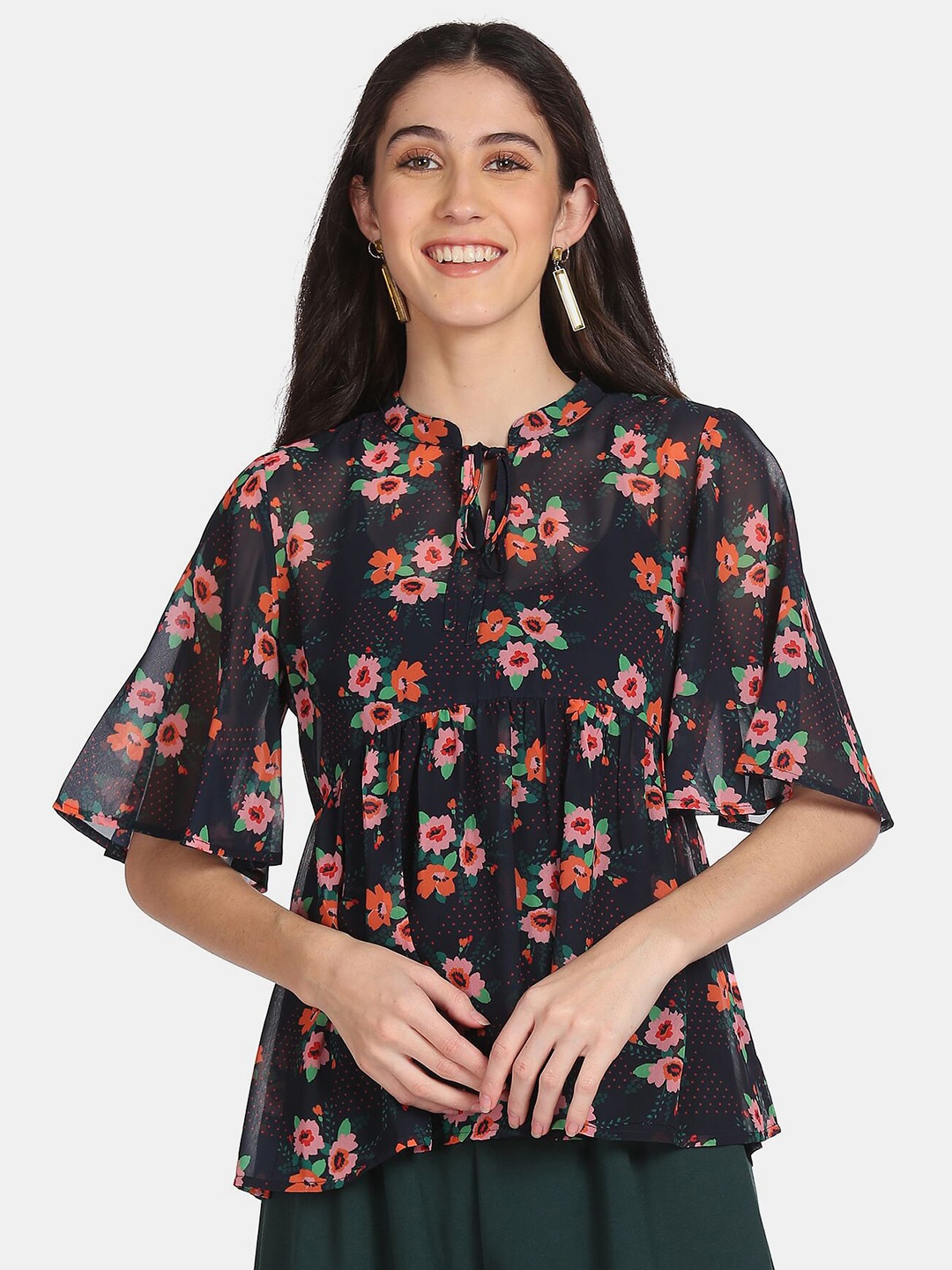 

Cherokee Blue Floral Print Tie-Up Neck Empire Top