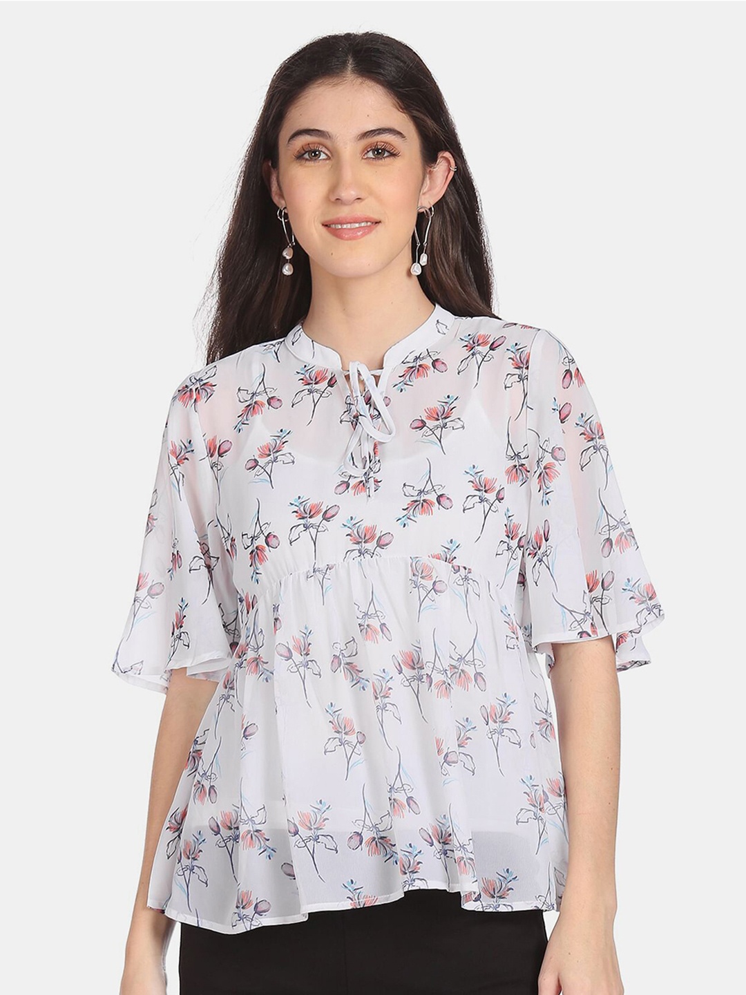 

Cherokee White Floral Print Tie-Up Neck Top
