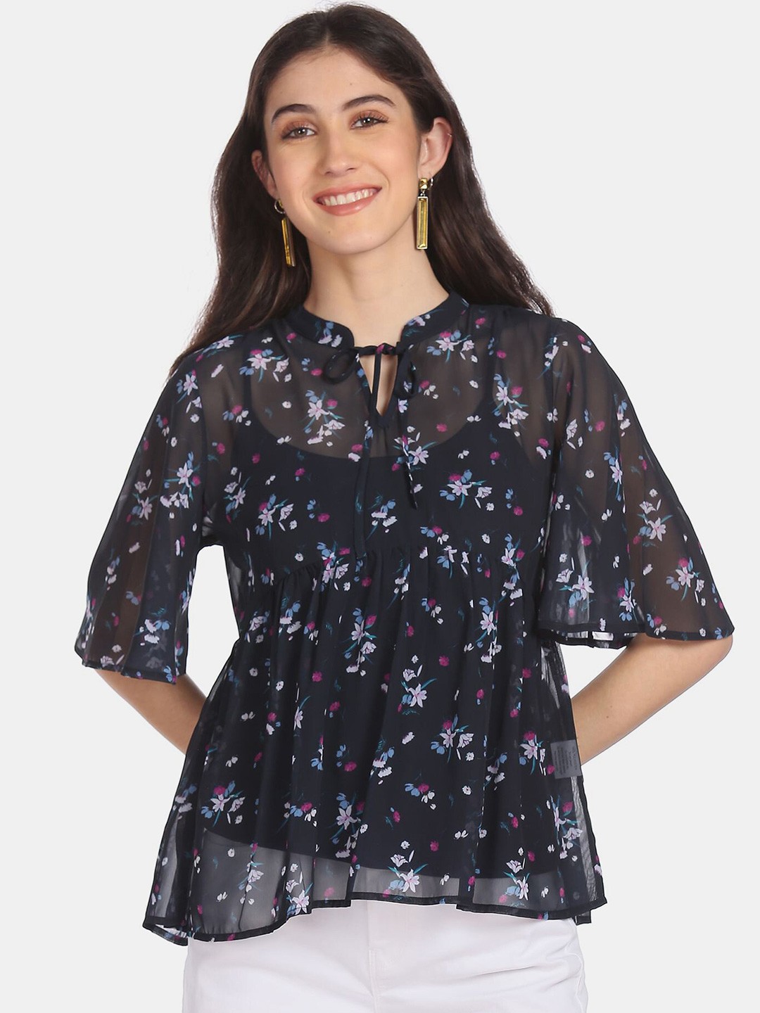 

Cherokee Women Blue & White Floral Print Tie-Up Neck Empire Top