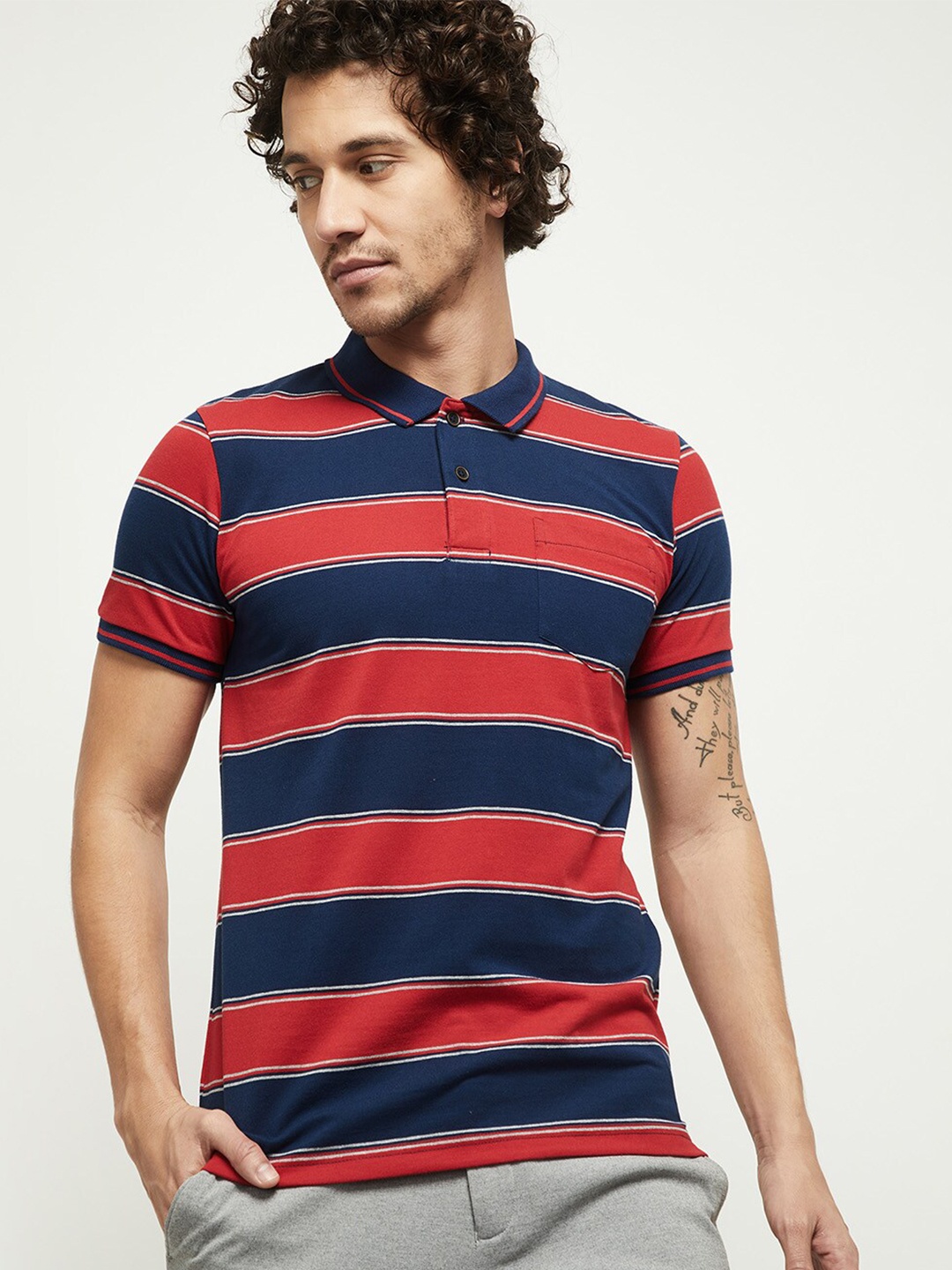 

max Men Red & Navy Blue Striped Polo Collar T-shirt