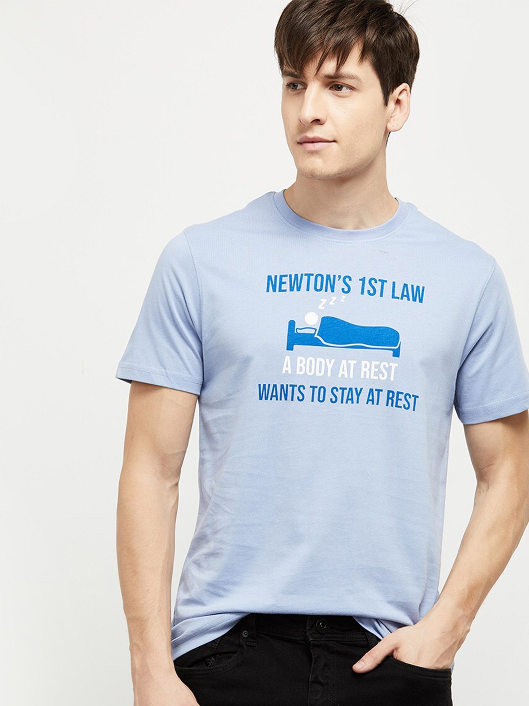 max Men Blue Typography Printed Pure Cotton Slim Fit T-shirt