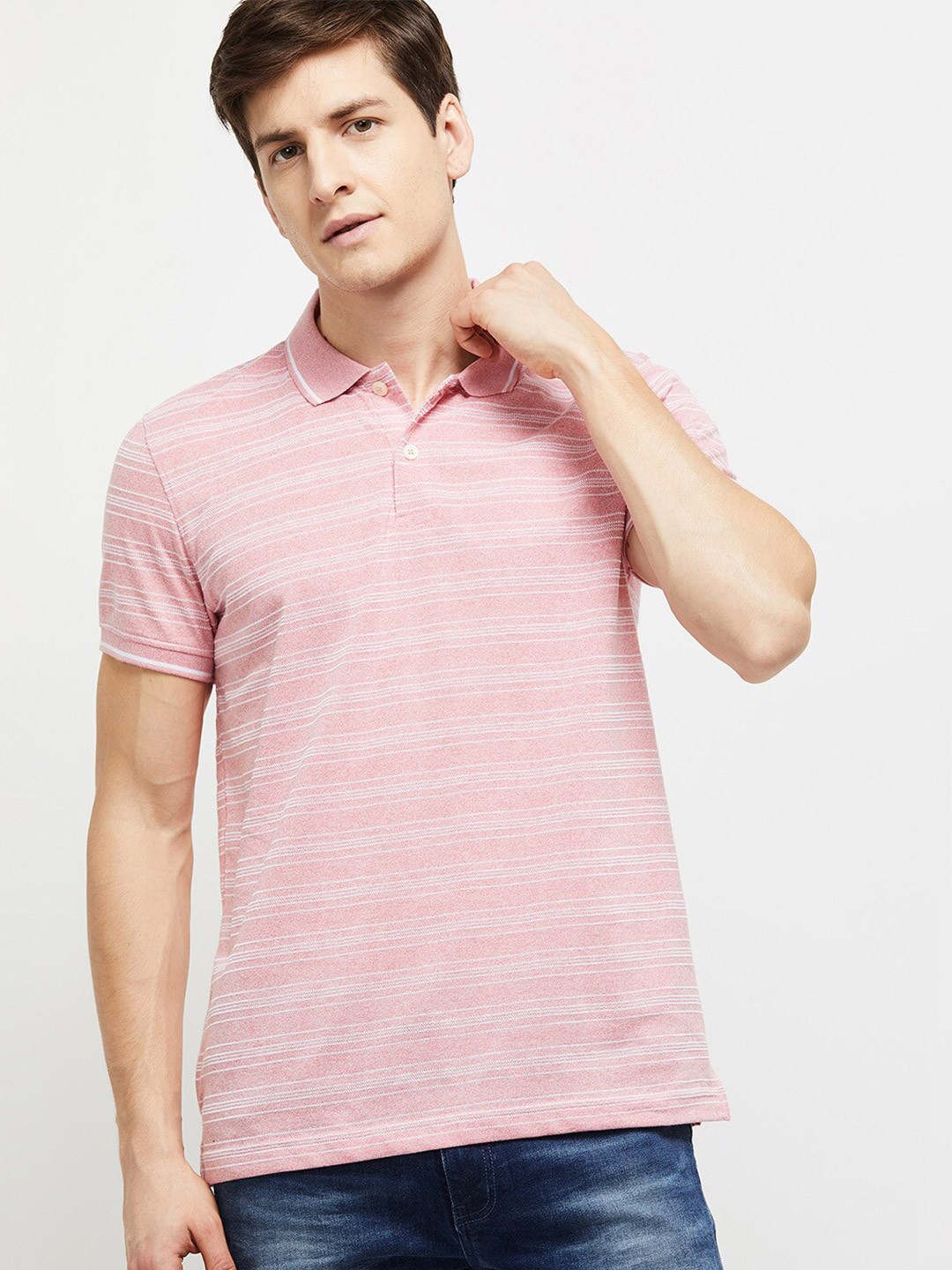 

max Men Pink Striped Polo Collar T-shirt