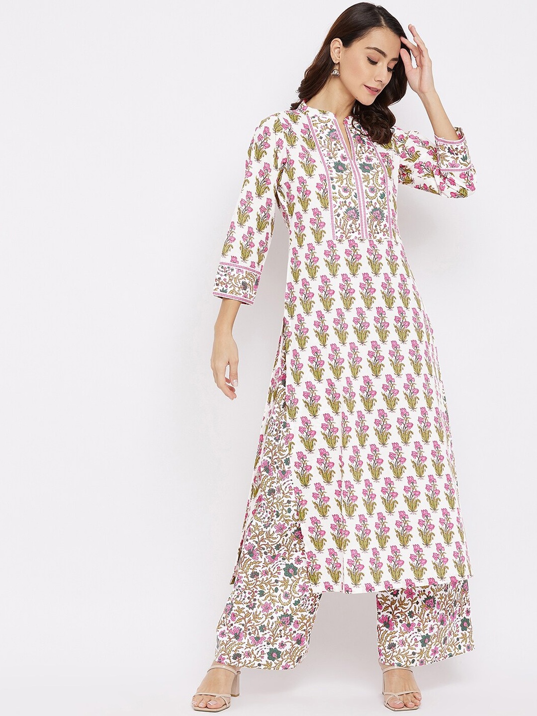 

Tissu Women Cream-Coloured Ethnic Motifs Printed Pure Cotton Kurta with Palazzos