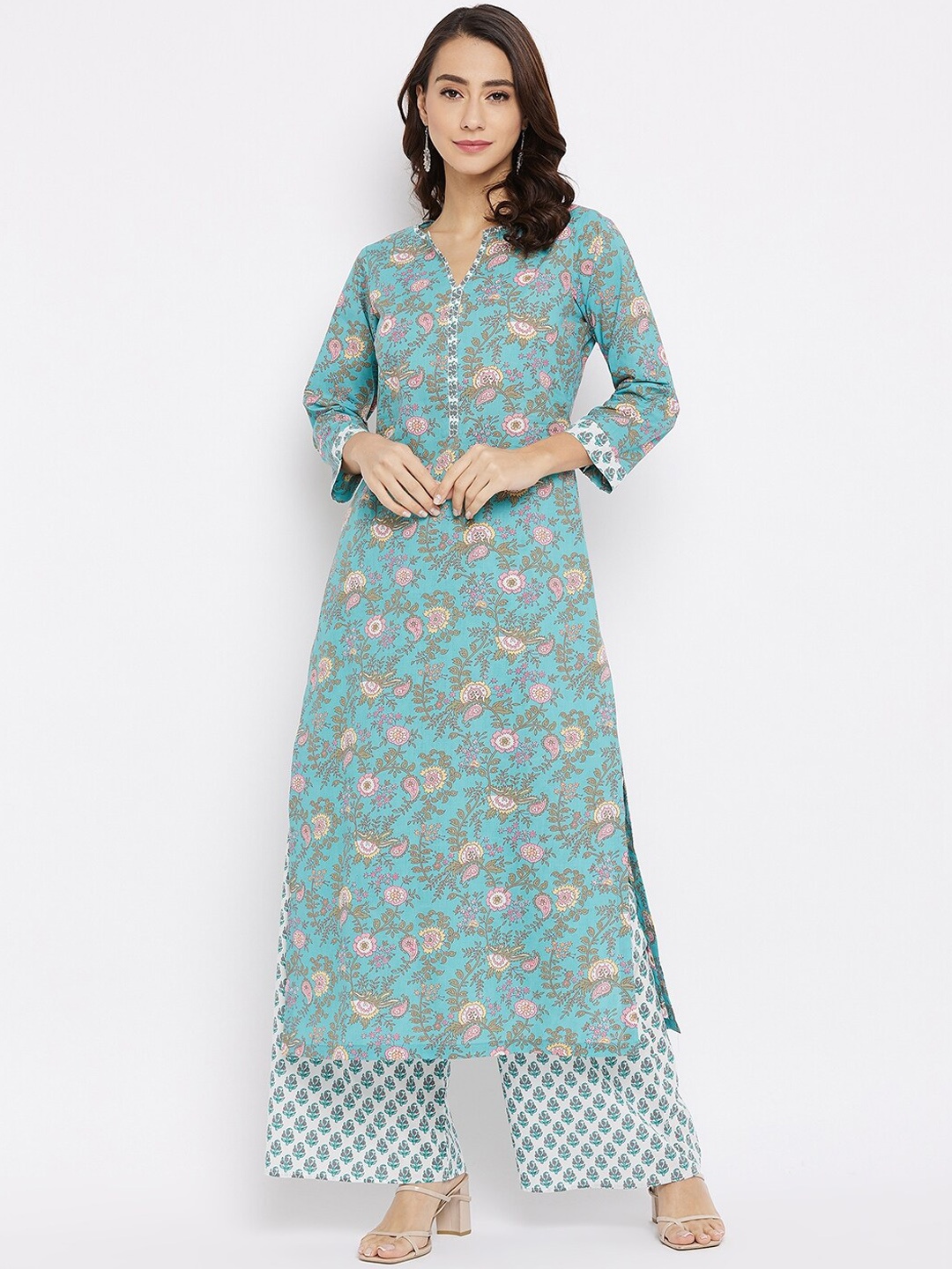 

Tissu Women Green & White Floral Printed Pure Cotton Kurta with Palazzos