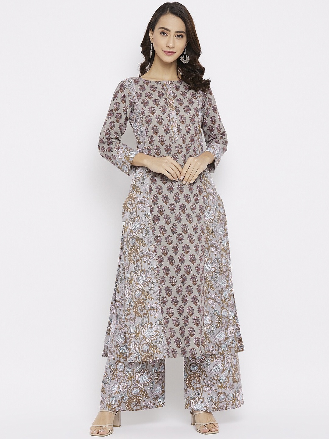 

Tissu Women Grey Ethnic Motifs Printed Pure Cotton Kurta with Palazzos
