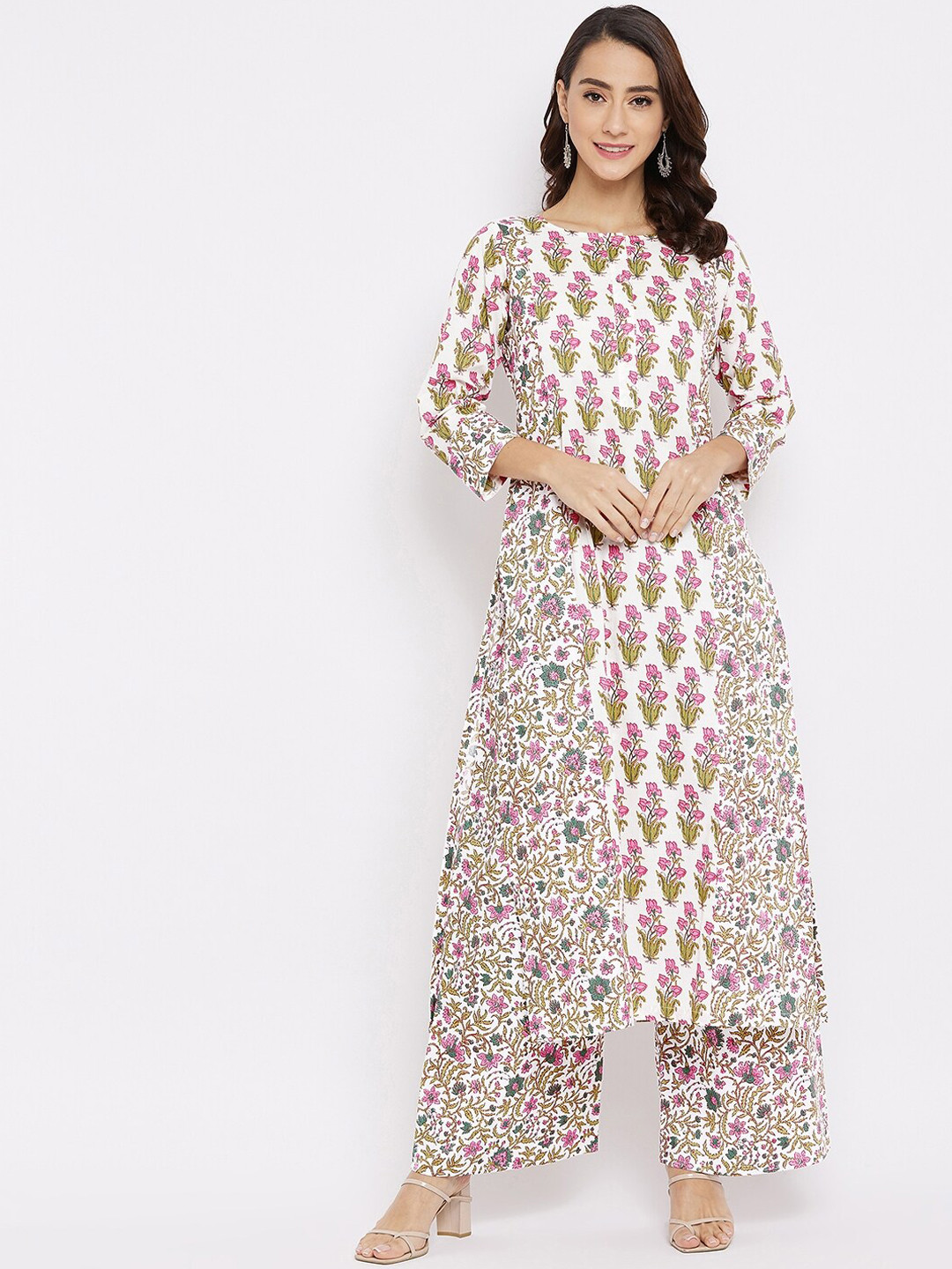 

Tissu Women Cream-Coloured Printed Panelled Pure Cotton Kurti with Palazzos