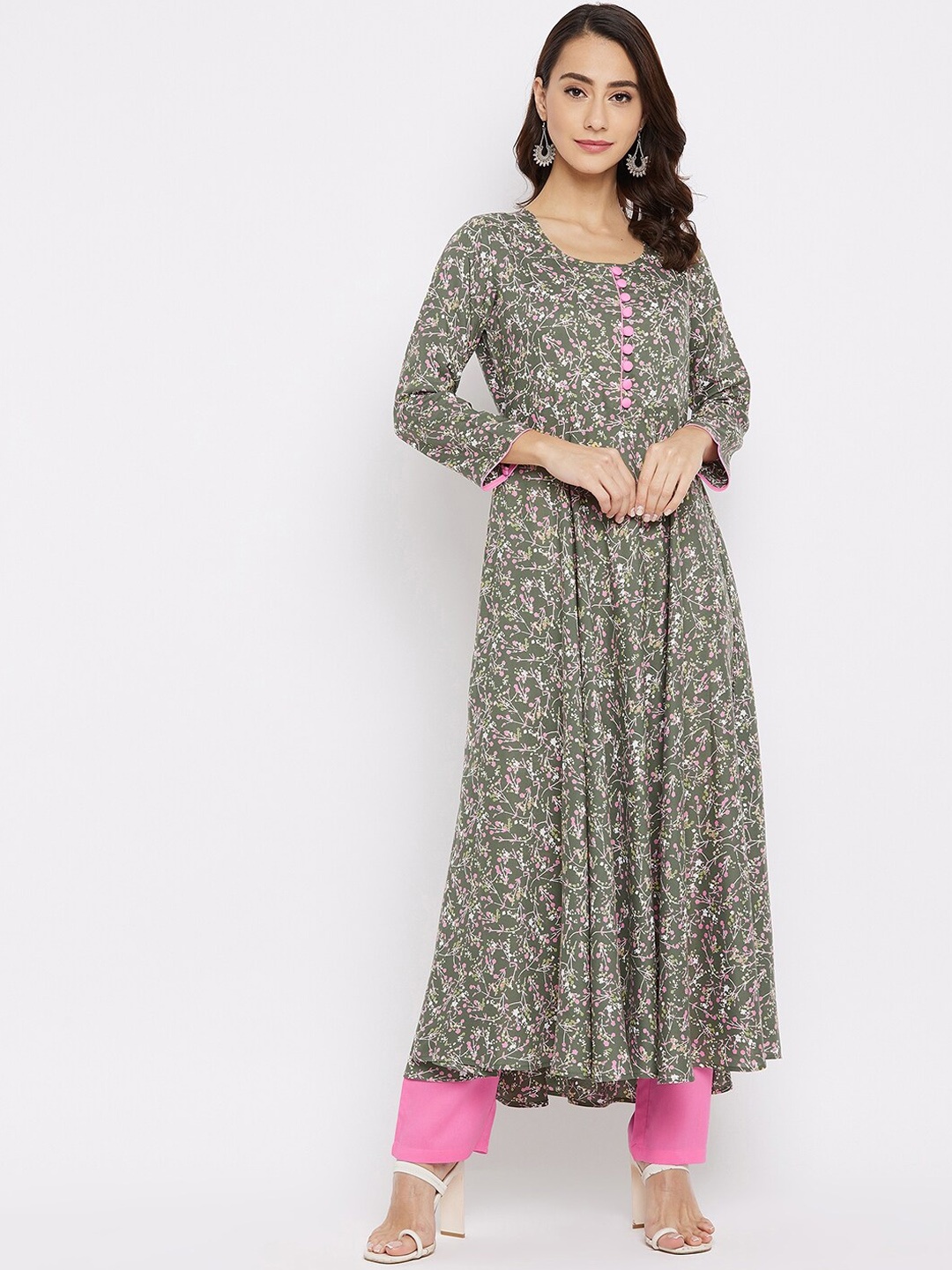 

Tissu Women Green Floral Printed Anarkali Kurta