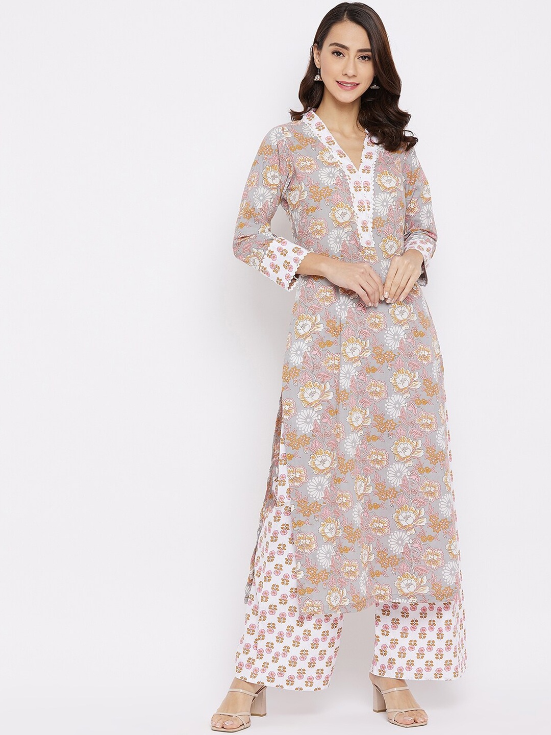 

Tissu Women Grey Floral Printed Pure Cotton Kurta with Palazzos