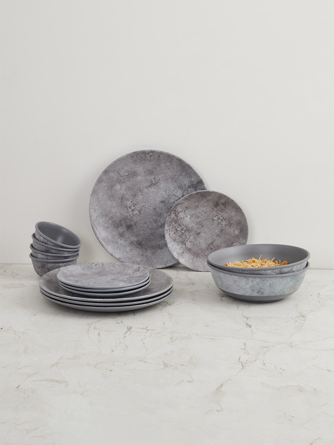 

Home Centre Grey 14 Pieces Textured Melamine Matte Dinner Set