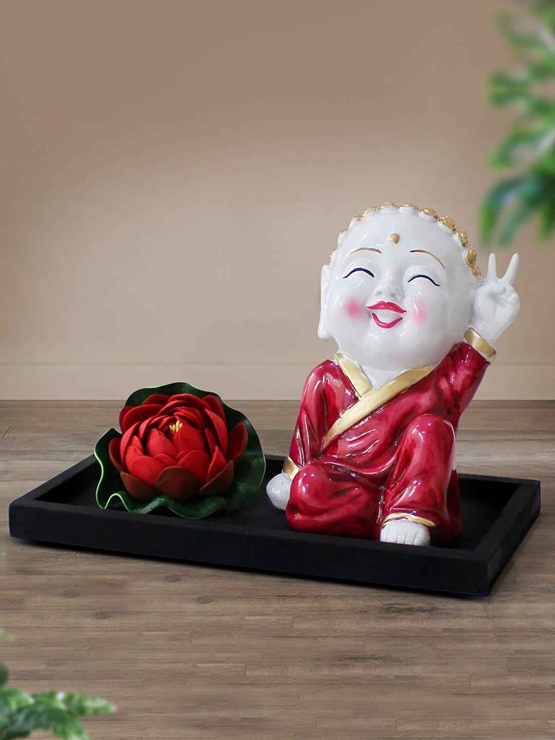 

TIED RIBBONS Red Decorative Buddha Idol Monk Tray & Faux Lotus Flower Showpiece