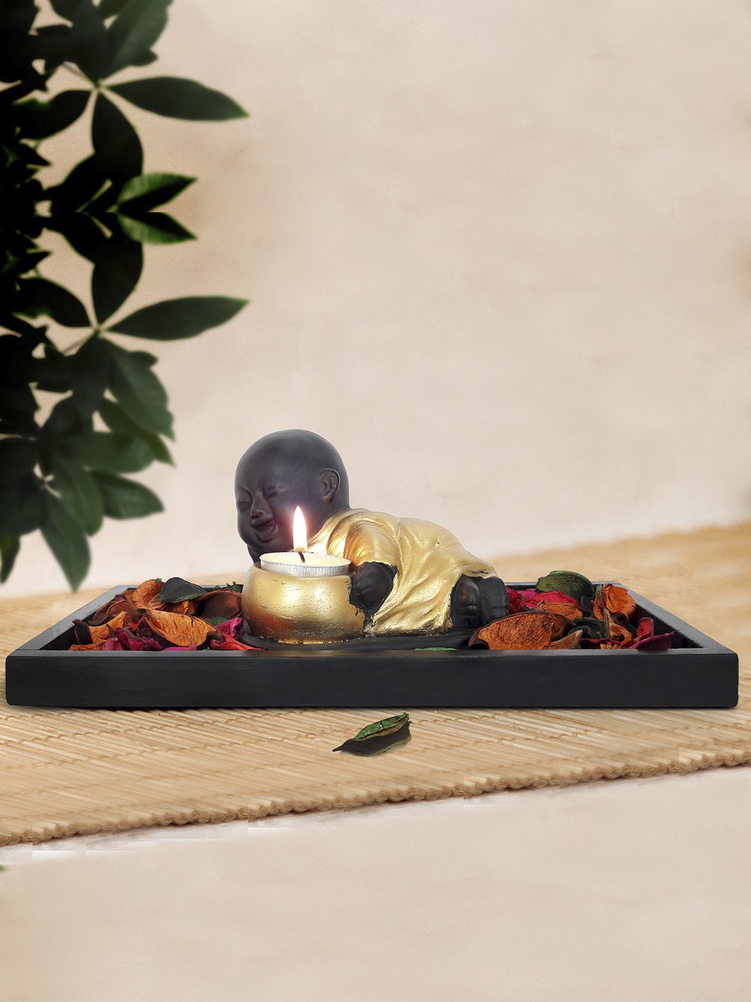 

TIED RIBBONS Black & Gold-Toned Polyresin Buddha Monk Idol Showpiece