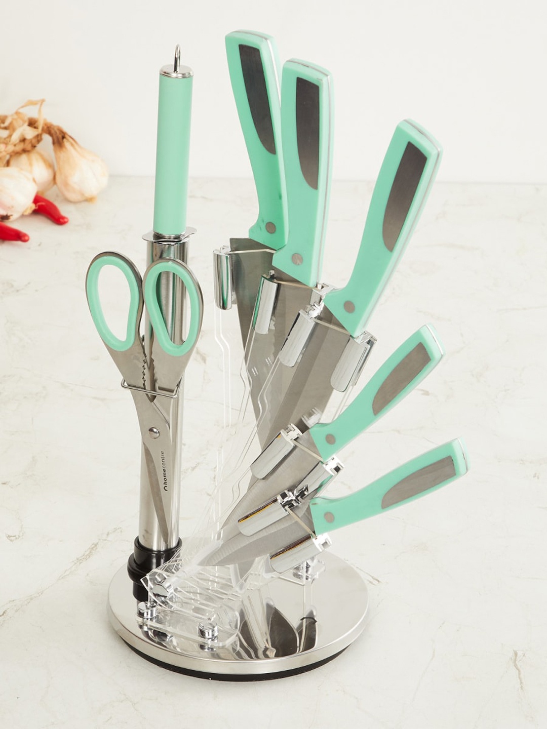 

Home Centre Set Of 7 Teal-Blue & Steel-Toned Solid Stainless Steel Rotating Knife Set