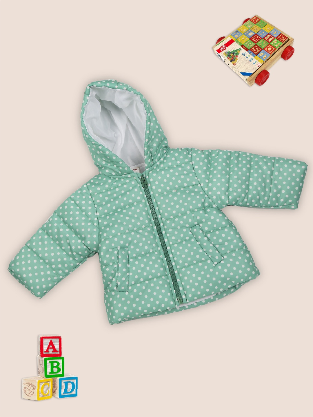 

MeeMee Girls Turquoise Blue Polka Dots Printed Lightweight Hooded Puffer Jacket