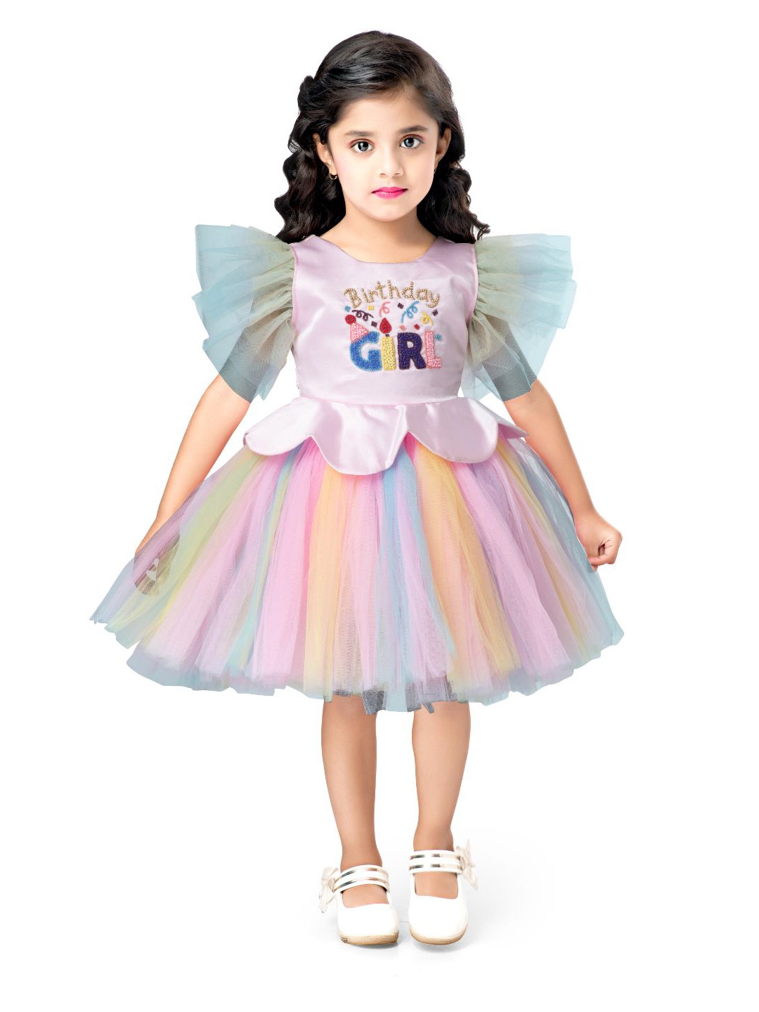 

Pink Chick Pink & Blue Embellished Fit & Flared Net Dress
