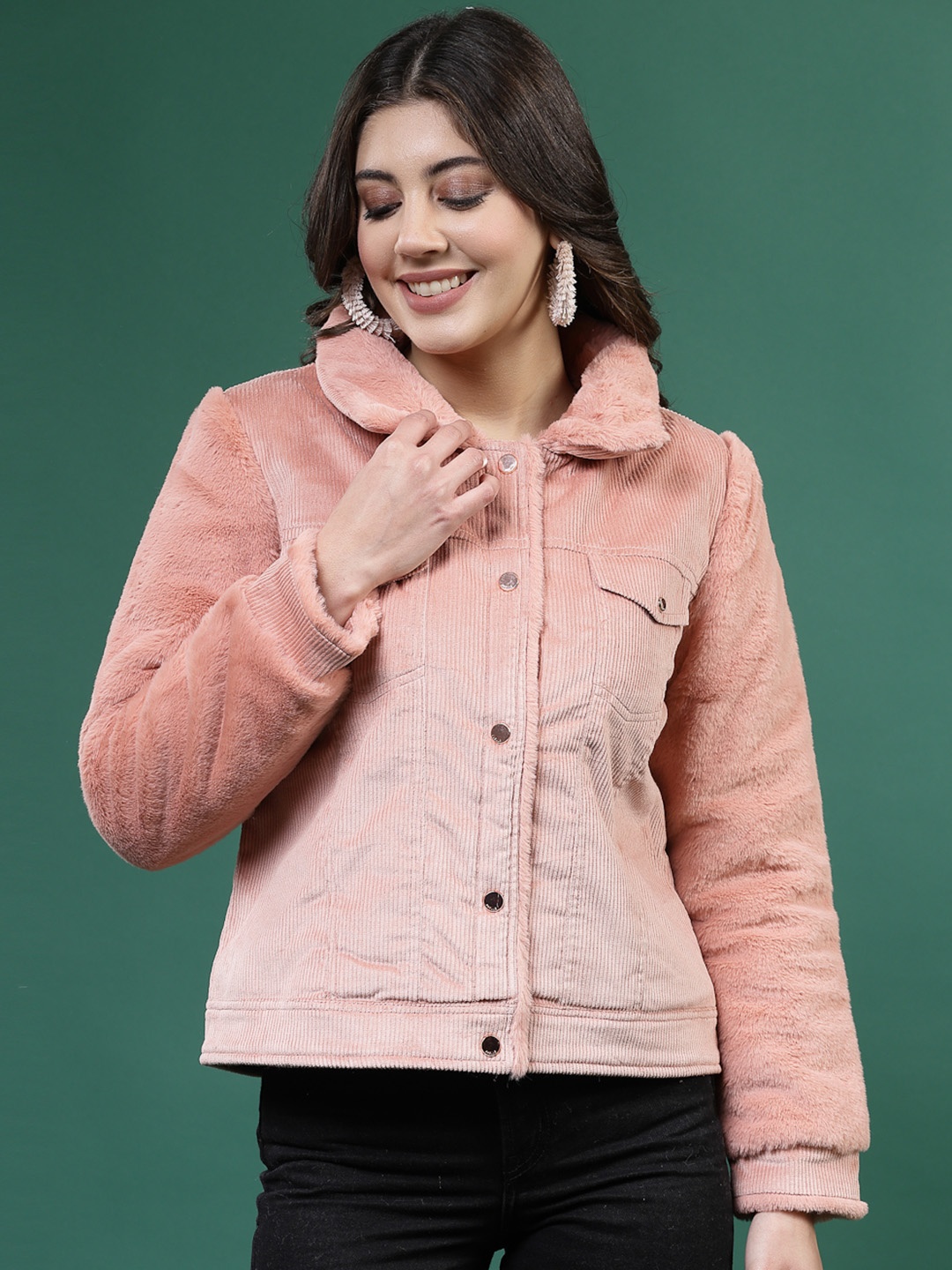 

Juelle Women Peach-Coloured Corduroy Bomber Jacket