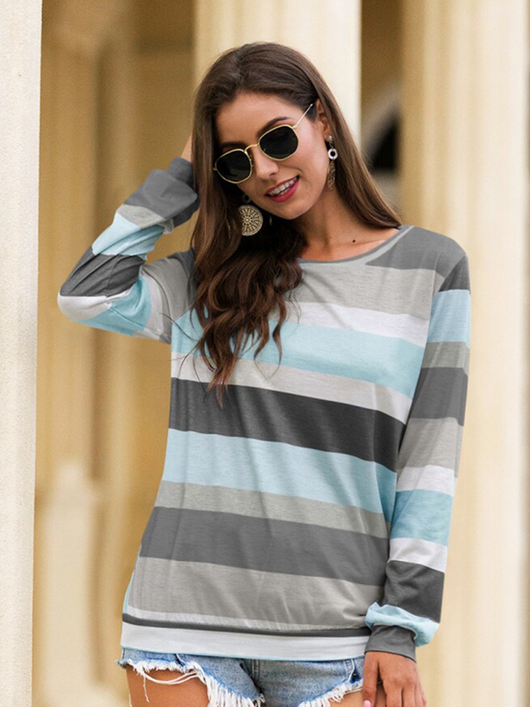 

BoStreet Women Blue & Grey Striped T-shirt