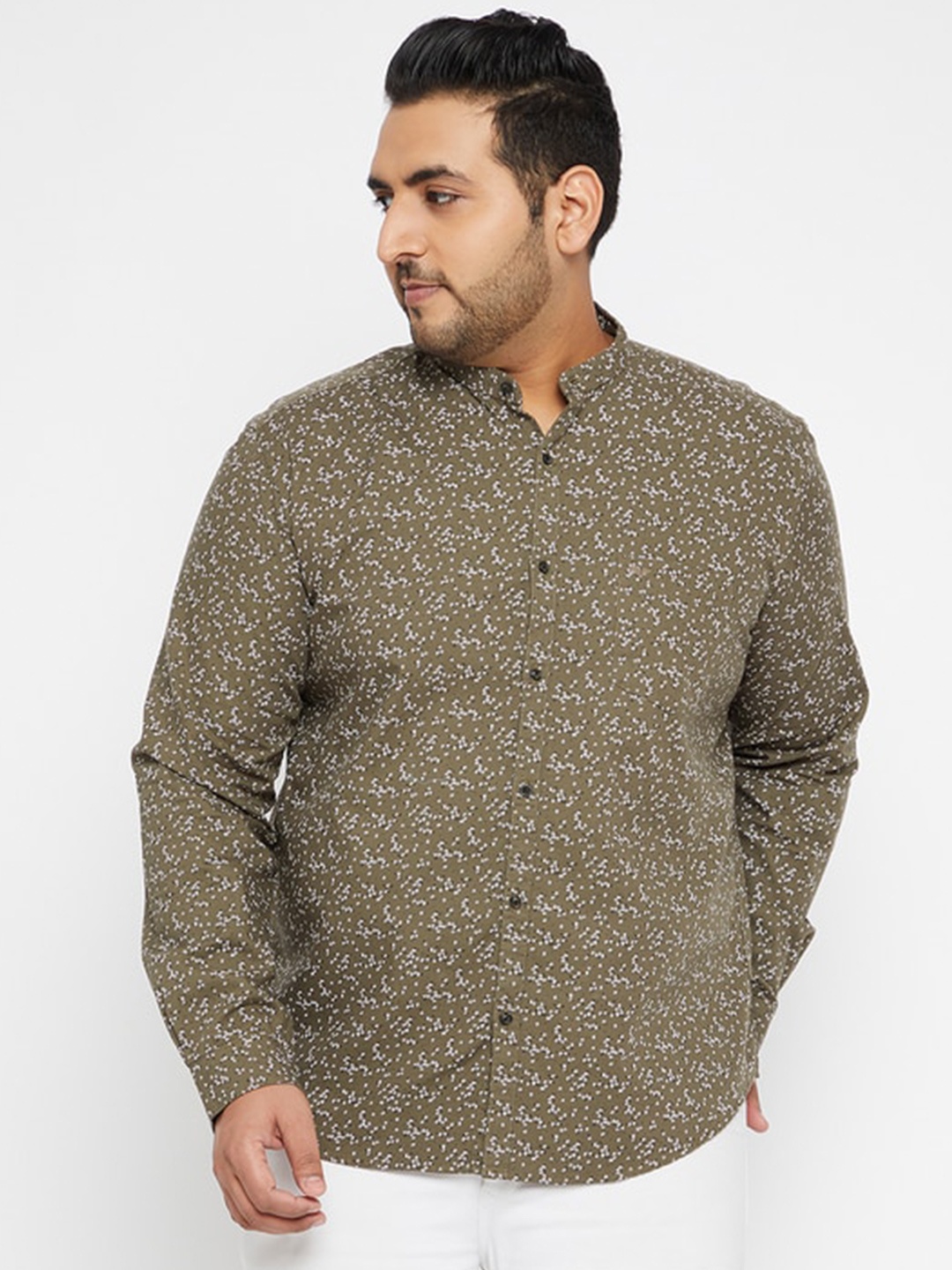 SHOWOFF Plus Men Olive Green Floral Regular Fit Cotton Casual Shirt