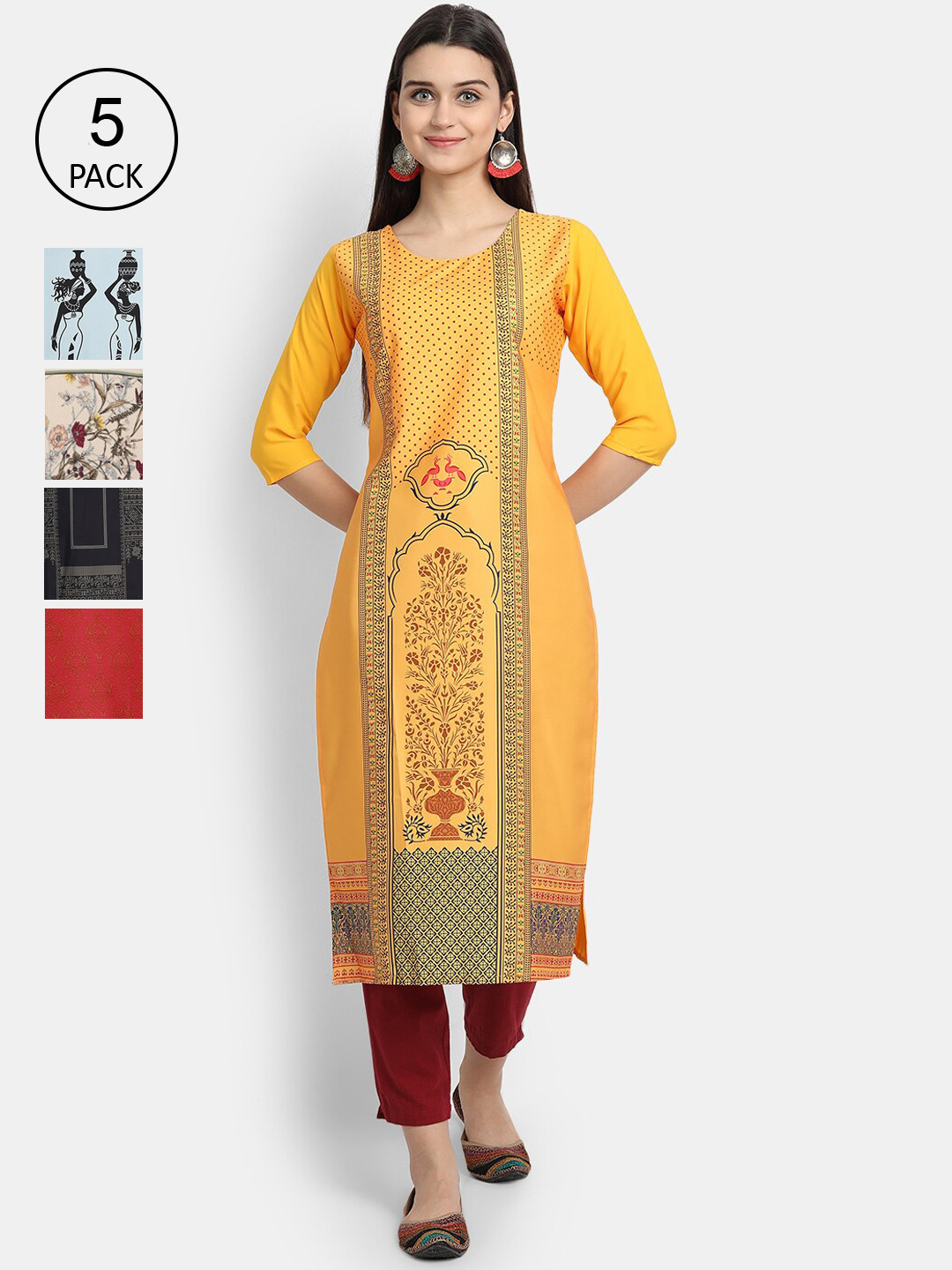 

7Threads Women Pack Of 5 Printed Crepe Kurtas, Yellow