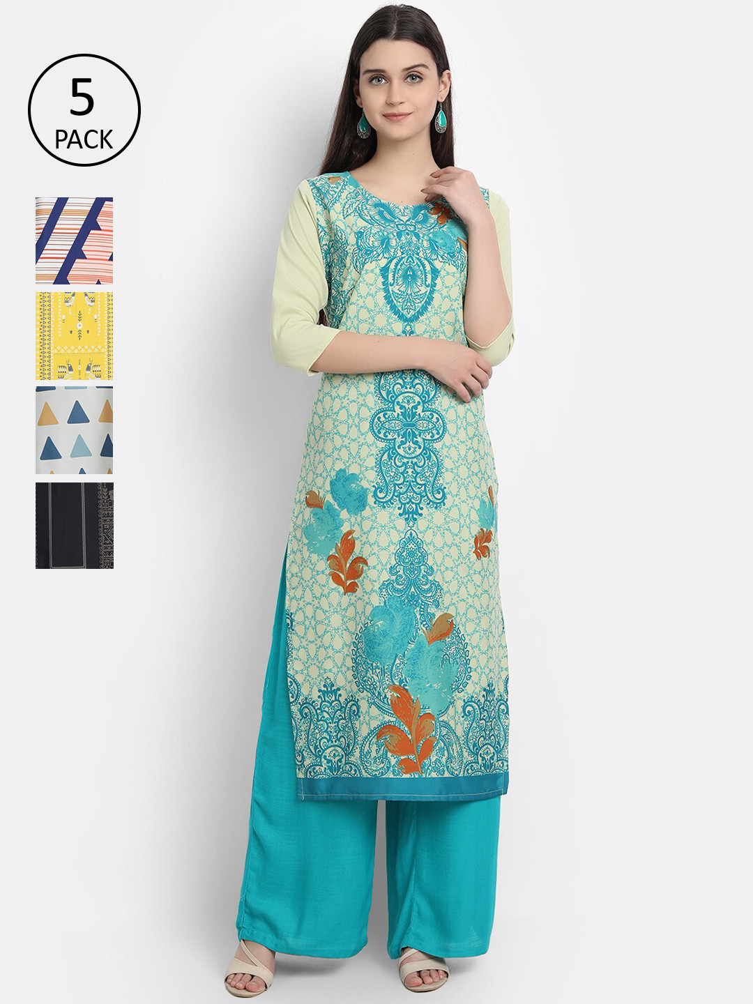 

7Threads Women Pack Of 5 Printed Crepe Kurtas, Green