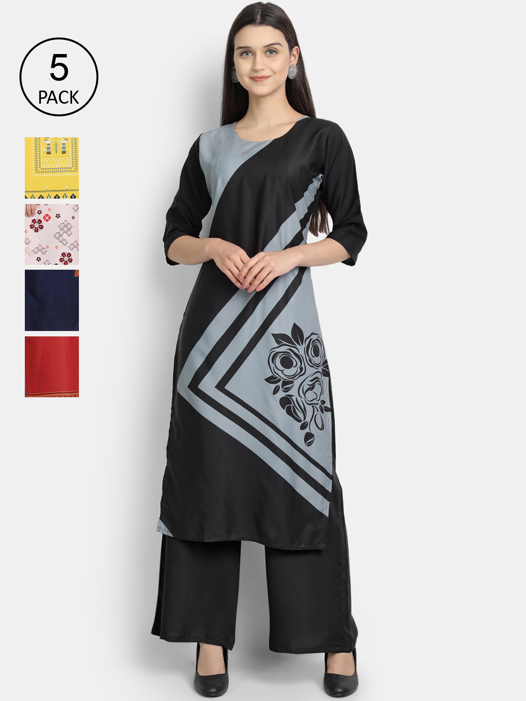 

7Threads Women Pack Of 5 Printed Crepe Kurtas, Black